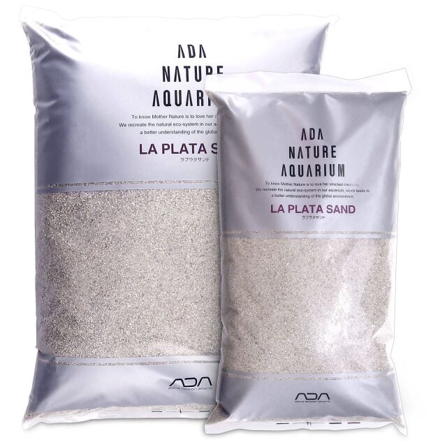 ADA La Plata Sand in 2kg and 8kg silver packaging, showcasing natural white decorative sand for aquarium foregrounds and layout detailing