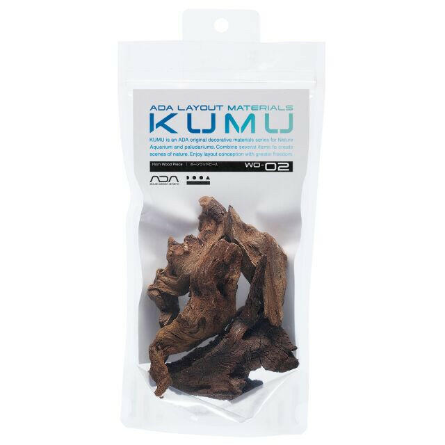 ADA KUMU WO-02 Horn Wood Pieces – sealed retail package containing natural driftwood fragments for aquarium use, labeled as part of ADA’s decorative layout materials for aquascaping.