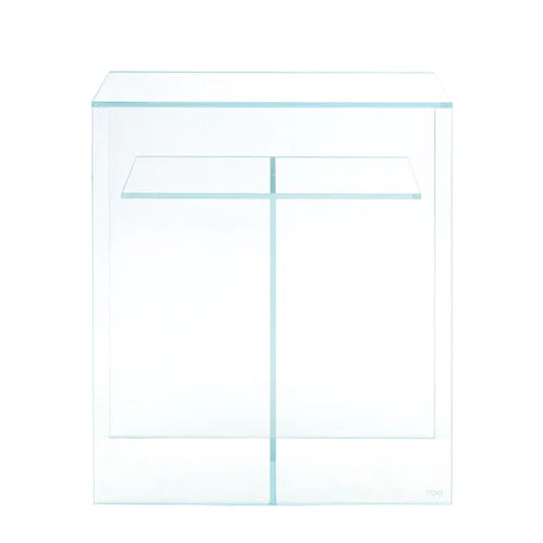 Front view of ADA Cube Cabinet Clear for W45×D27 cm aquariums, featuring transparent acrylic construction with a minimalist, seamless design