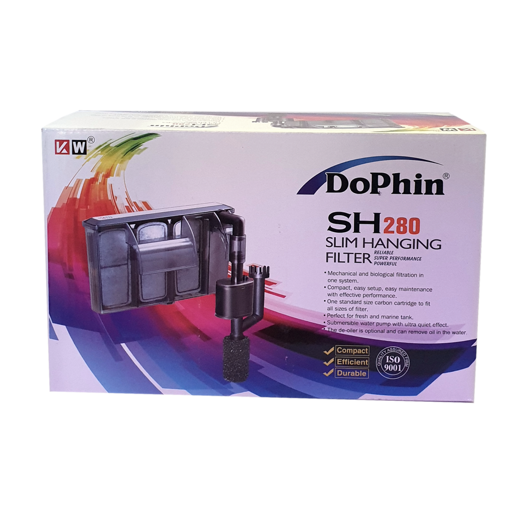 Alt text:
Box of the Dophin SH-280 Slim Hanging Filter, showing the slim black filter design, key features list, and vibrant multicolor background with ISO 9001 quality seal.
