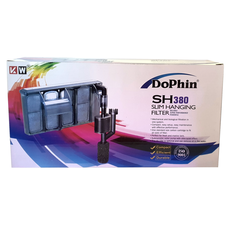 Retail packaging of the Dophin SH-380 Slim Hanging Filter, featuring the filter unit image, product specifications, and colorful branding with ISO 9001 certification badge.