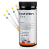 Hygger 8-in-1 Water Test Strips bottle with four test strips fanned out, showing color-coded reagent pads. Designed for aquarium, pond, and tap water testing to monitor essential water parameters.