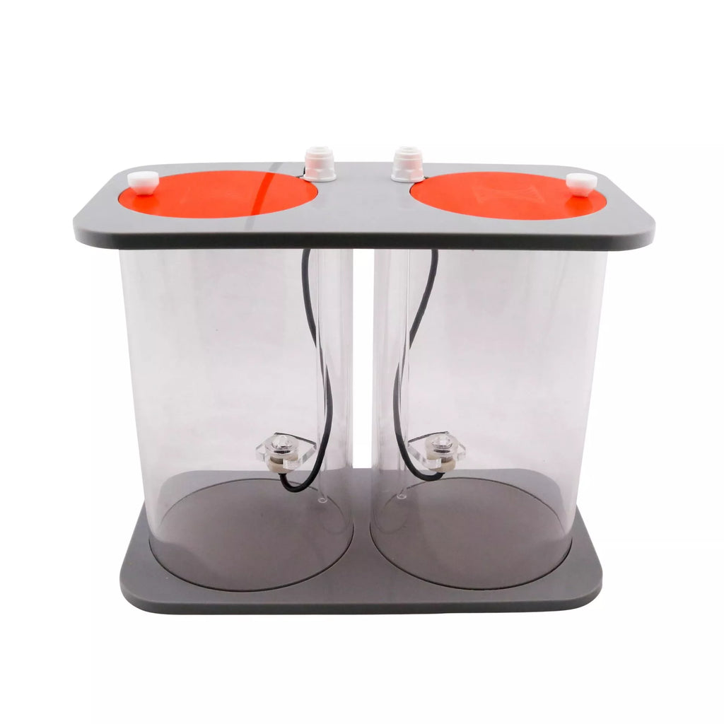 Neptune Systems DOS Dual Reservoir with two 2-liter clear chambers, orange sealed lids, float switches, and quick-connect ports for Apex dosing system integration.