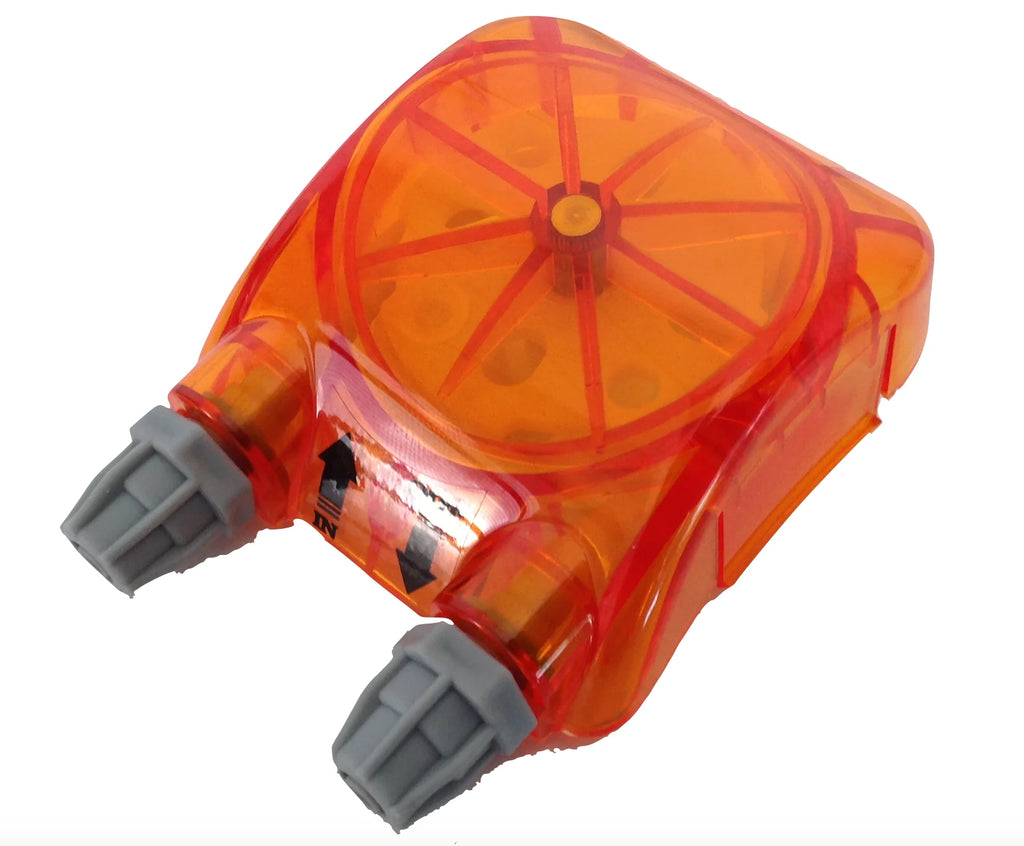 Neptune Systems DOS Head Cap Replacement featuring transparent orange casing, integrated roller assembly, and labeled IN/OUT hose connectors for Apex dosing pump maintenance.