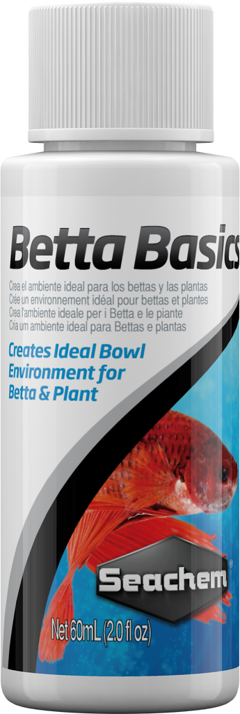 Seachem Betta Basics 60 mL bottle with a red betta fish on the label, designed for creating an ideal environment for bettas and plants