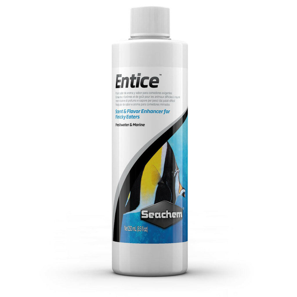 Seachem Entice 250 mL bottle for freshwater and marine aquariums, designed as a natural scent and flavor enhancer for finicky fish eaters.