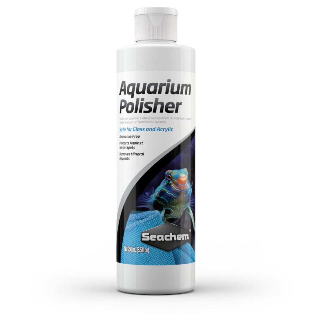 Seachem Aquarium Polisher 250ml bottle – ammonia-free cleaner for aquarium glass and acrylic, featuring a white label with blue microfiber cloth and aquatic-themed design