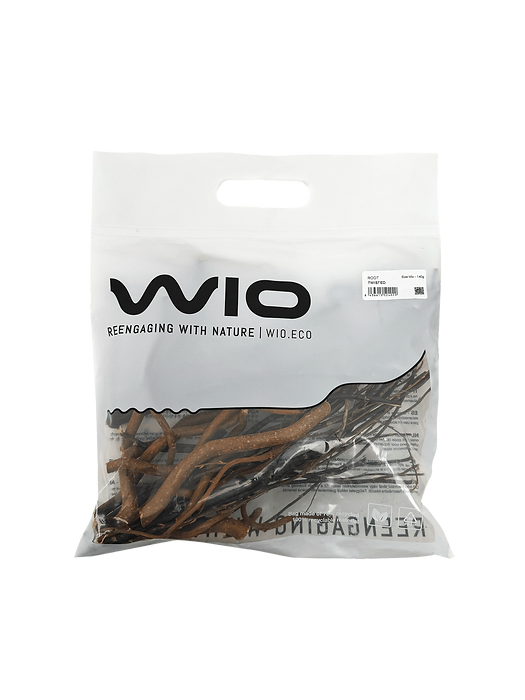 WIO Twisted Root natural driftwood in sealed packaging with branding and product label, designed for aquariums, terrariums, and vivariums.