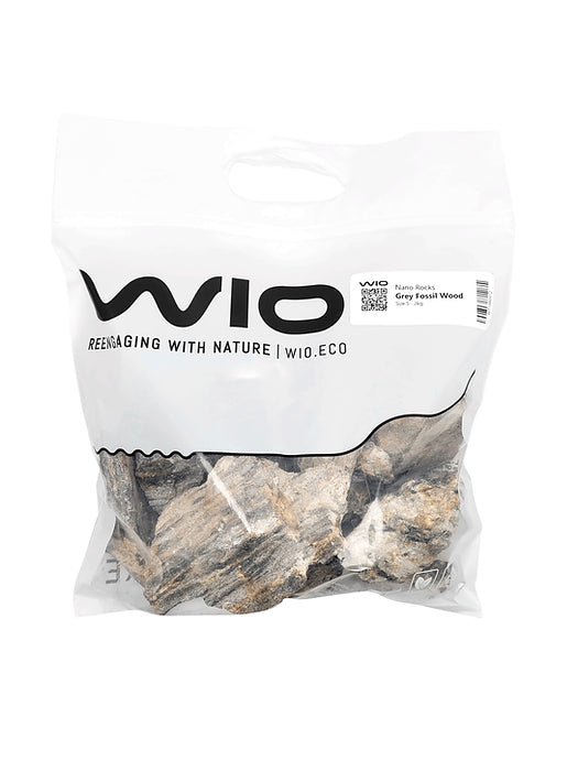 WIO Grey Fossil Wood Nano Rock in sealed packaging with branding, showcasing natural, textured stones designed for aquariums, terrariums, and paludariums.