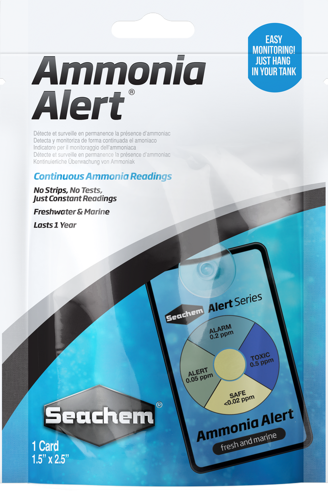 Seachem Ammonia Alert packaging showing the product card with continuous ammonia readings for freshwater and marine aquariums.