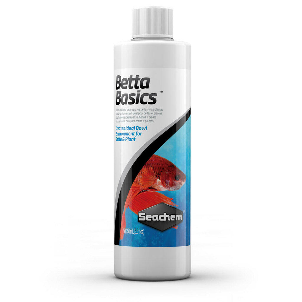Seachem Betta Basics 250 mL bottle featuring a red betta fish, ideal for create enviroment for betta and plants.
