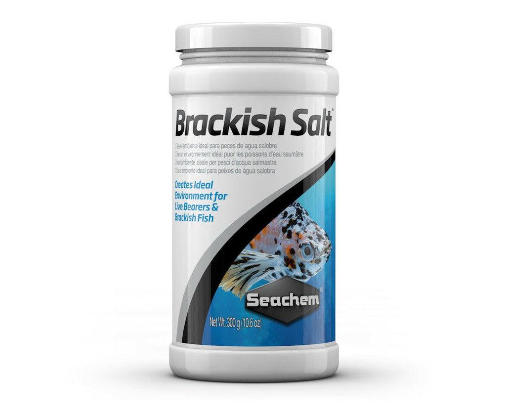 Seachem Brackish Salt 300 g container featuring a fish on the label, designed for creating ideal conditions for livebearers and brackish fish.