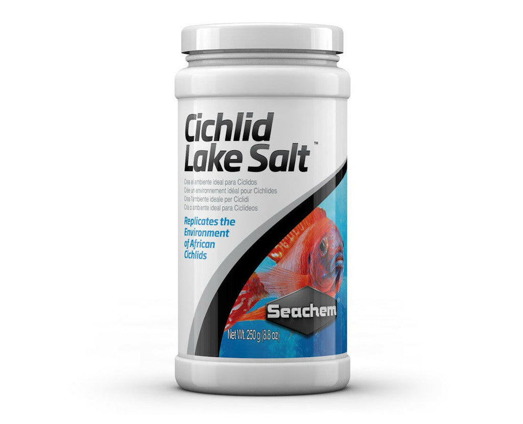 Seachem Cichlid Lake Salt 250 g container featuring a vibrant cichlid fish on the label, designed to replicate the environment of African cichlids.