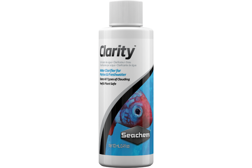 Seachem Clarity 100 mL bottle featuring a red fish on the label, designed for clearing all types of aquarium clouding.