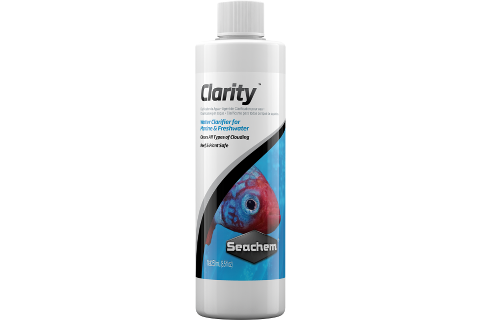 Seachem Clarity 250 mL bottle for marine and freshwater aquariums, effective in clarifying cloudy water.