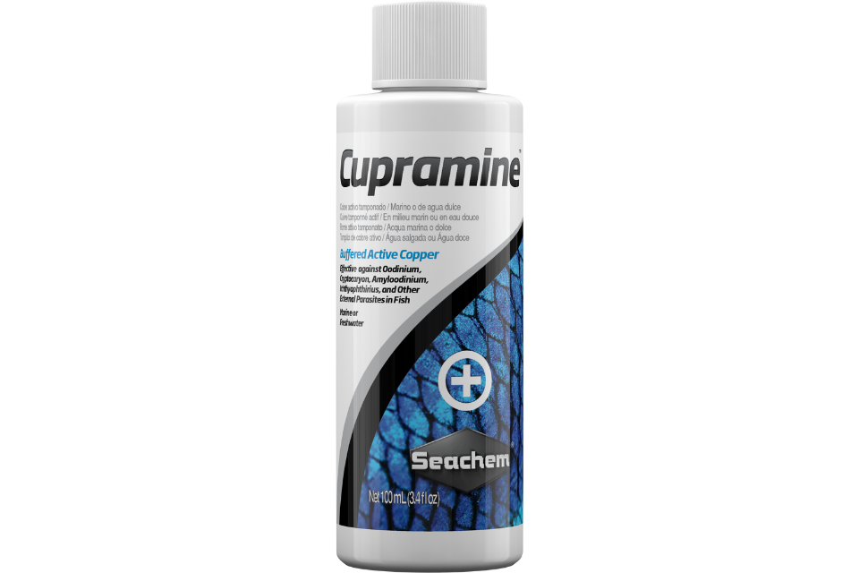 Seachem Cupramine 100 mL bottle featuring buffered active copper for parasite control.