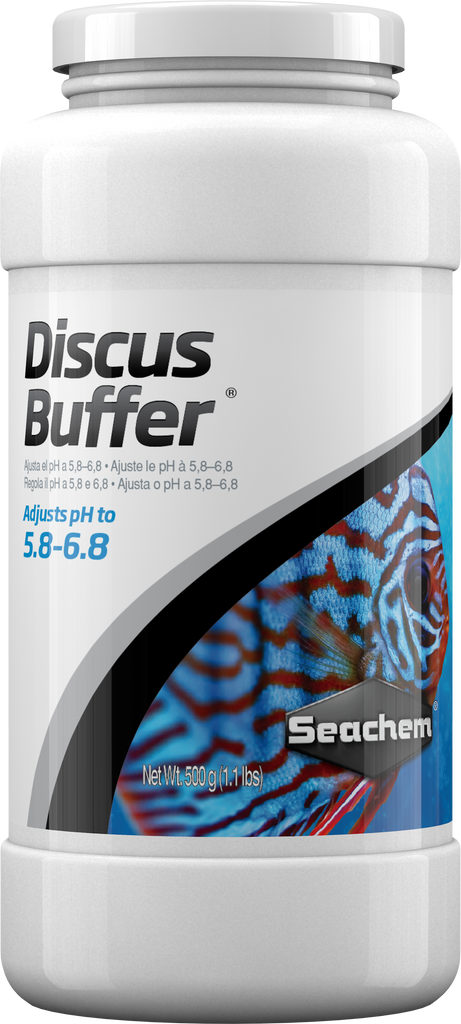 Seachem Discus Buffer 500 g container to lower pH and soften water for Discus tanks.