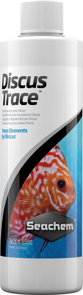  A compact Seachem Discus Trace 250 mL bottle image showcasing the label design with a discus fish illustration, designed to emphasize trace elements for discus health and growth.