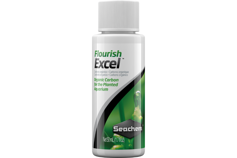 Seachem Flourish Excel 50ml bottle – liquid organic carbon supplement for planted aquariums, labeled with green and white design.